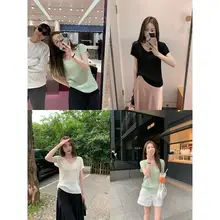 VネックTシャツ【クールな春夏用・フィット・ストライプ柄・女性向け】