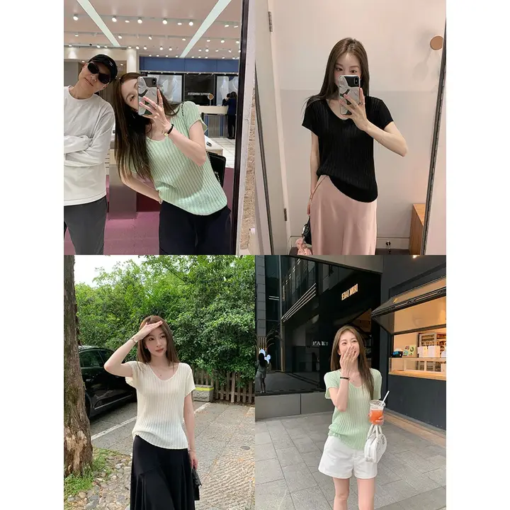 VネックTシャツ【クールな春夏用・フィット・ストライプ柄・女性向け】