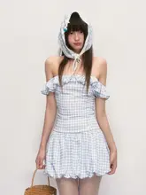 ブルーグリッドデザインのオフショルダーワンピース【花苞スタイル・ウエストリボン付き】