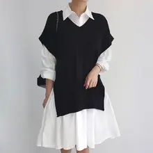 華やかなデザインの翻訳リボンカラーシャツワンピース【ランタン袖・ドレッシー】＆ニットベスト【スリット入り】（セットアップ対応）