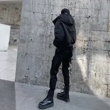 レディース 高ウエスト カーゴパンツ【黒・スリムフィット・秋冬用・ハイウエスト・リブ付き】