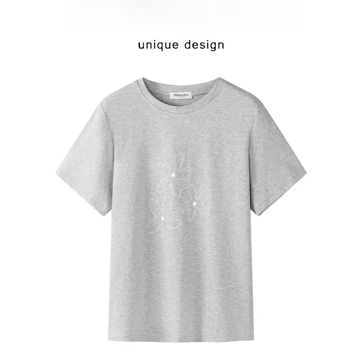 Tシャツ レディース 半袖 刺繍 ストレートショルダー ライトグレー 着痩せ 若々しい 韓流 着回し 肌触り良好 夏 トップス 「XinmonLee」