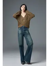 ヴィンテージ風ハイウエストデニムパンツ【レディース・スリムフィット・ストレート・ワイドレッグ】