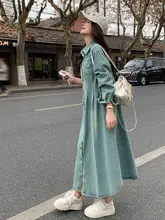 レトロデザイン デニムサンドレス【女性用・カジュアル・体型カバー・ロングスリーブ】（セットアップ対応）