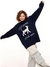 アメリカンレトロ 小犬プリントのネイビーカラー長袖Tシャツ【秋用・ゆったりシルエット・カジュアル】