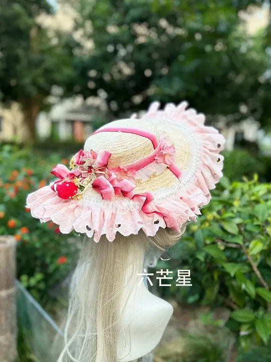 麦わら帽子 レディース スイートロリータ いちごモチーフ 六芒星 ハンドメイド 撮影用 インスタ映え