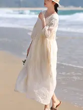 刺繍入りリネン混紡ワンピース【フレンチスタイル・Vネック・夏用・大きなフレア】