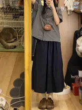 レトロなダークブルーのAラインスカート【コットン製・中長丈・女性用】