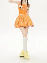 華やかなオレンジのフラワーブラウススカート【シンプル・フレアデザイン・スリム効果・夏用】