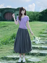 春秋用 グレーのハイウエスト花苞スカート【プリーツデザイン・ロング丈・女性用】