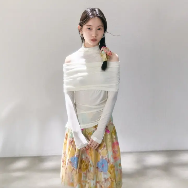 流れる雲を感じる！オフショルダーリブニットTシャツ【フィット感・長袖】