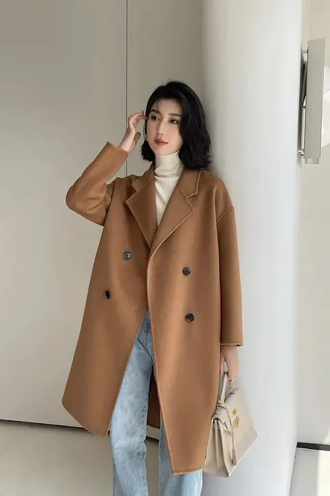 トレンディなキャメルカラーのダブルフェイスコート【中丈・ウール混・女性用】