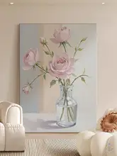 モランディ風 手描き油絵 ピンクのバラ【クリーミーなインテリア装飾用・リビングや玄関に最適】