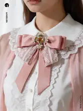 可愛いフリルレースピンクパール付き大きなリボンブローチ【アカデミースタイル・アクセサリー】