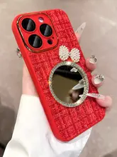 毛布風デザインのミラ�ー付きiPhone用ケース【フルカバー・防落落・手首ストラップ付き】