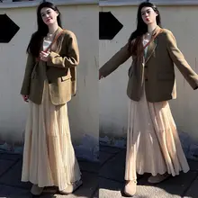 米杏色 シフォンAラインスカート【春夏用・フレア・大きなプリーツ・小柄対応】（セットアップ対応）