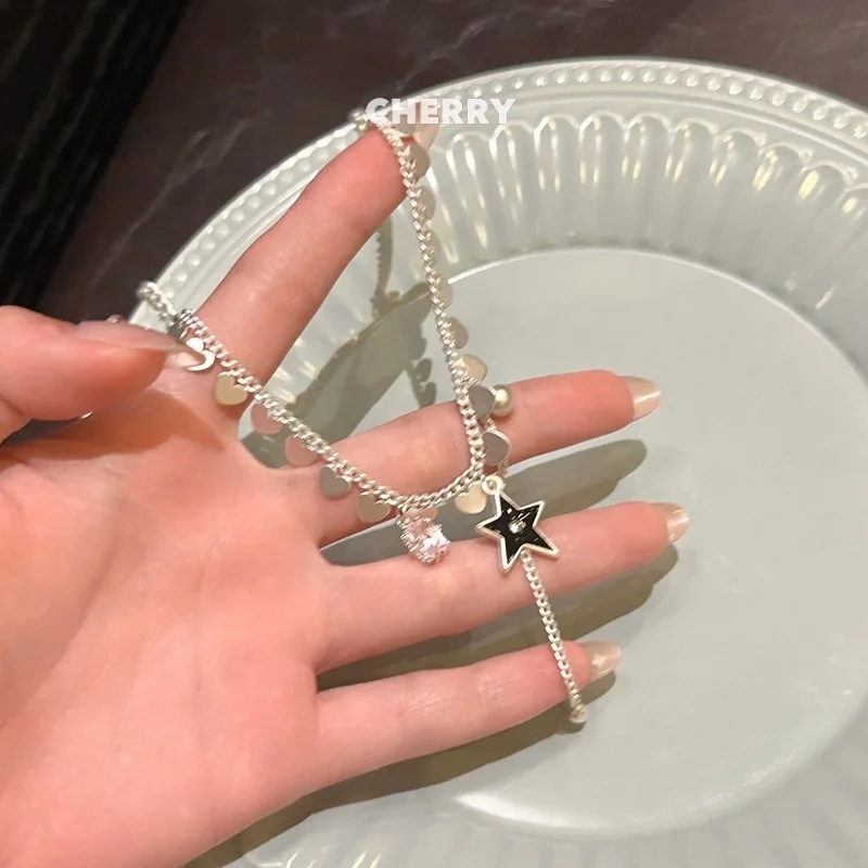 黒い星とハートのフリンジネックレス【ロックスタイル・鎖骨チェーン・トレンドアクセサリー】