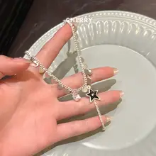 黒い星とハートのフリンジネックレス【ロックスタイル・鎖骨チェーン・トレンドアクセサリー】