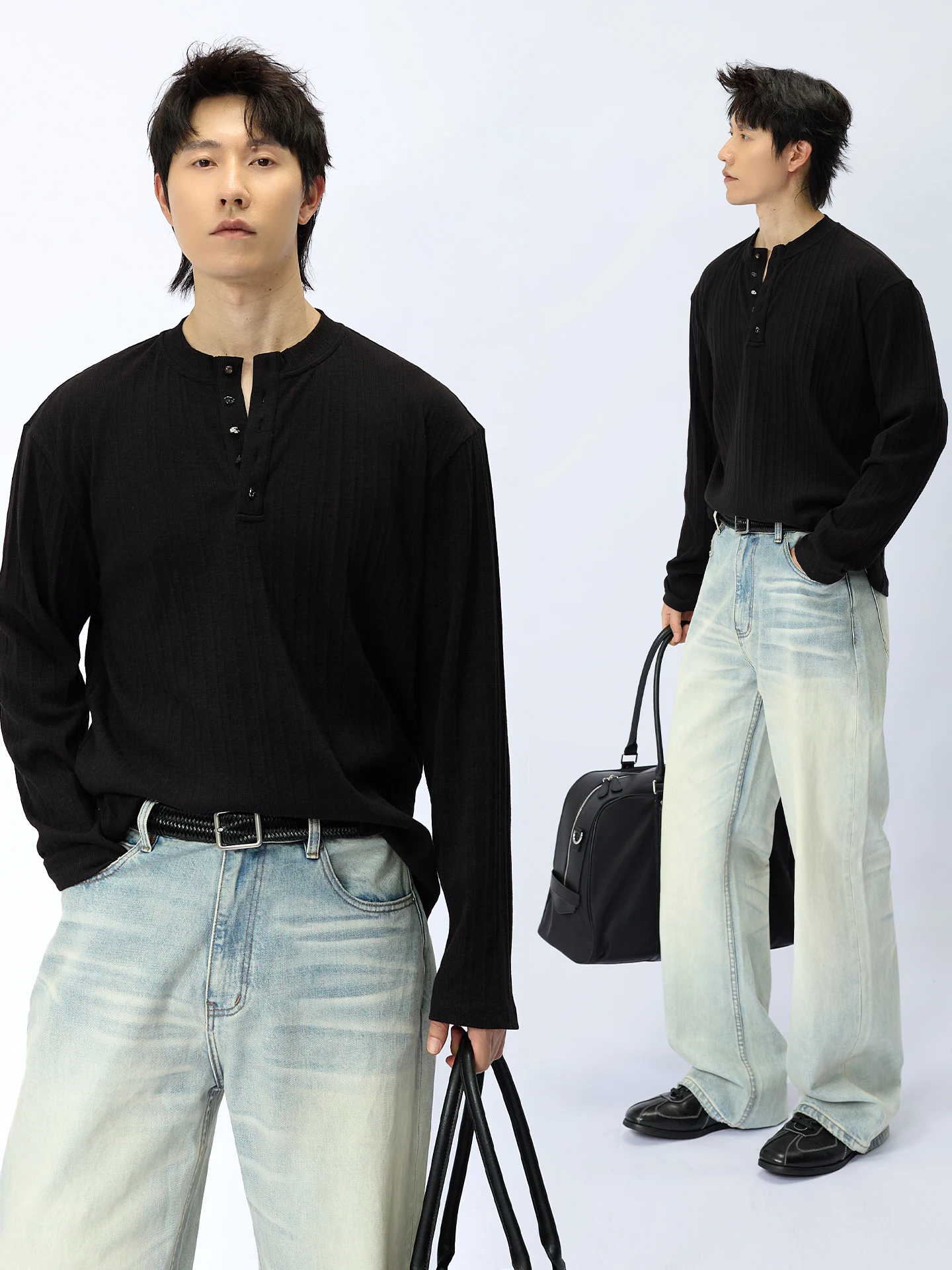 160cm メンズファッションで選ぶ高級ボタン付きヘンリーネック長袖Tシャツの実用性と着心地