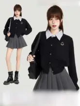 学院風 ブラック 短丈 ニットカーディガン【春秋用・フィット感】（セットアップ対応）