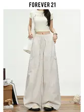 ワイドパンツ レディース ハイウエスト ルーズ グレー 着痩せ 落ち感 アメリカン風 ワーク カジュアル「Forever 21」