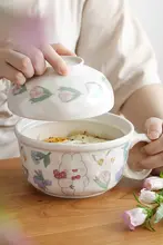 Tlife Tobo 陶器製 カワイイ蓋付きチューリップデザインの丼【手捏ね模様・食器用】
