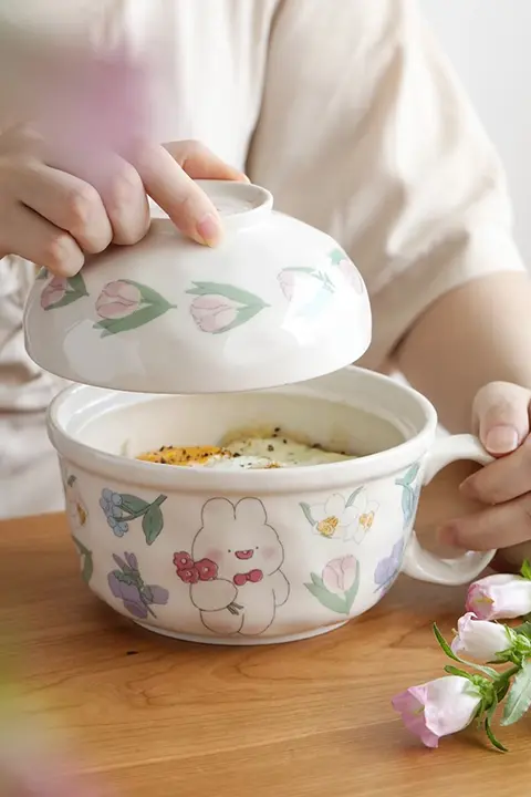 Tlife Tobo 陶器製 カワイイ蓋付きチューリップデザインの丼【手捏ね模様・食器用】