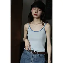 復古風バイカラー ニットキャミソール【夏用・美背デザイン・無袖】