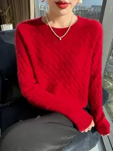 シームレスツイストデザインのニットセーター【ラウンドネック・秋冬用・純羊毛・女性用】