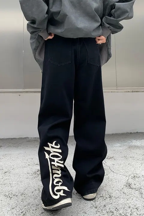 404MOB メンズ刺繍デニムパンツ【秋用・ストレート・カジュアル・ヒップホップスタイル】