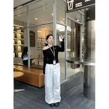 刺繍入りスラッシュショルダー長袖ニットトップス【春用・韓国風・甘美なデザイン】