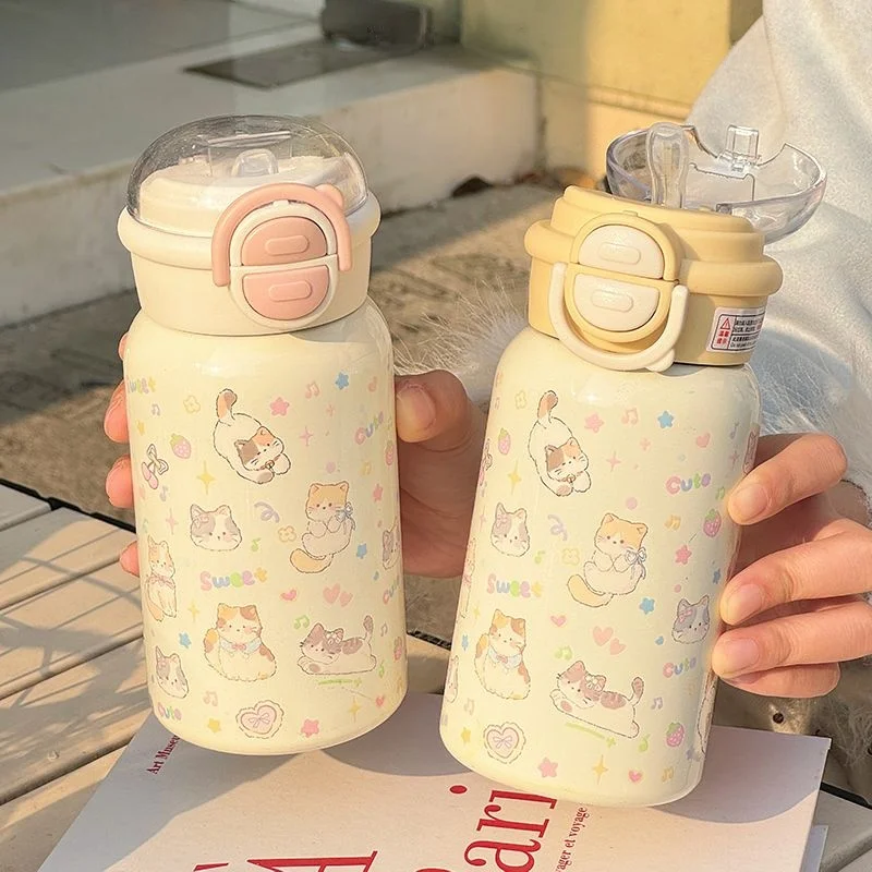 子供用保温保冷水筒 ストロー 500ml ダブルドリンク対応 カラーキャットデザイン