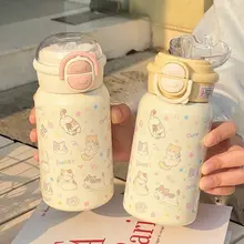 猫デザインの学生用保温カップ【可愛いストロー付き・ダブルドリンク対応】