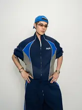 撞色デザインの肩パッド付きショートスリーブジャケット【カジュアルスタイル・ゆったりシルエット】（セットアップ対応）