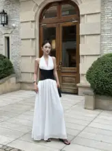 ワンピース レディース ハルターネック Vネック パッチワーク プリーツ ウエストマーク 着痩せ ロング丈 セクシー 「VENUIE」