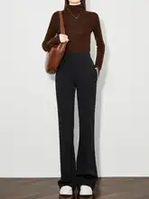 秋季用 レディース 黒色ロングフレアパンツ【スリムフィット・高級感・微喇】