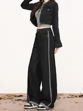 デザイン性のあるビンテージ風 バイカラー ワイドレッグデニムパンツ【ハイウエスト・冬用・ルーズフィット・スリム効果】