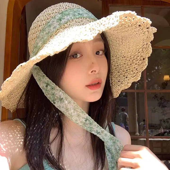 フラワーレース付き 日除け編み草帽【夏用・ビーチリゾート・UVカット】