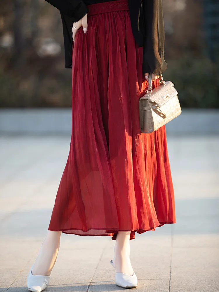 優雅なシフォンのハイウエストプリーツスカート【ルーズフィット・ミディ丈・エレガントデザイン】 大人可愛い服 50代コーデの代表アイテム
