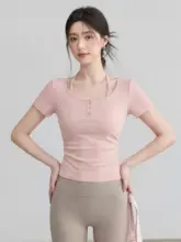 女性用 ヨガウェア風デザインのTシャツ【ブラ付き・大きめネック・フィットネス用】（セットアップ対応）
