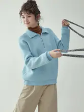 北島AMUU オリジナル シンプルブルー 半開きカラーの長袖ニットセーター【秋冬用・ゆったりフィット】