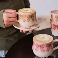おしゃれなリボンデザインの陶器コーヒーカップ【高級感・持ちやすい・ギフトに最適】
