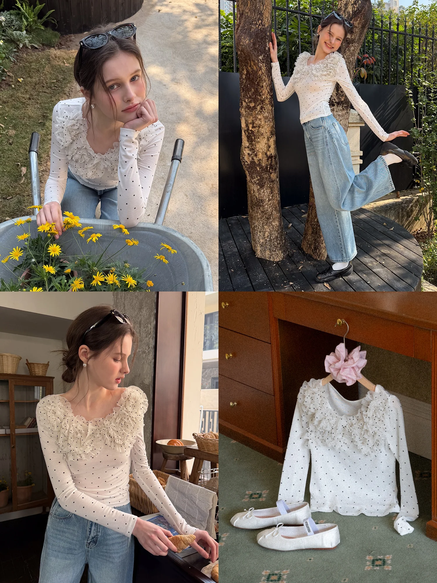 ドットデザイン 長袖Tシャツ【レディース・立体コウモリ袖・スリムフィット・白色】