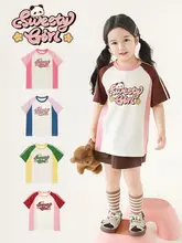 Tシャツ キッズ ガールズ 半袖 ミディアム丈 アルファベット柄 バイカラー パッチワーク 伸縮性 通気性 キュート 夏 おしゃれ