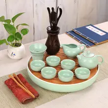 陶器製 丸型茶盤【シンプルデザイン・竹製トレイ】