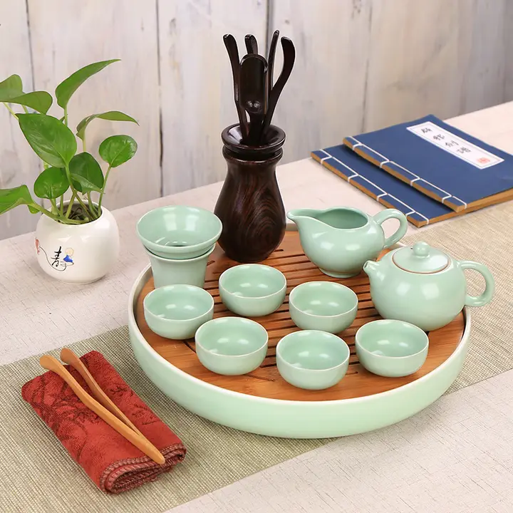 陶器製 丸型茶盤【シンプルデザイン・竹製トレイ】