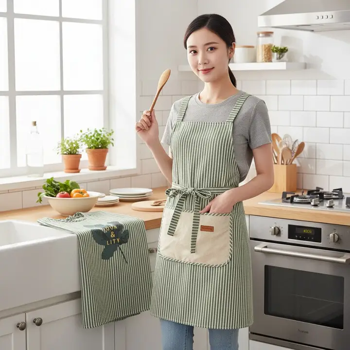 おしゃれなコットンリネン長袖エプロン【家庭用・防汚・通気性・耐久性・印刷デザイン】