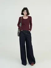 青いハイウエストストレートデニムパンツ【レディース・春用・ゆったりしたロングパンツ】