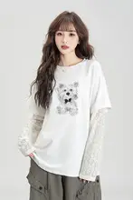 レディースラウンドネック長袖Tシャツ【レースメッシュ切り替え・春秋用】（セットアップ対応）