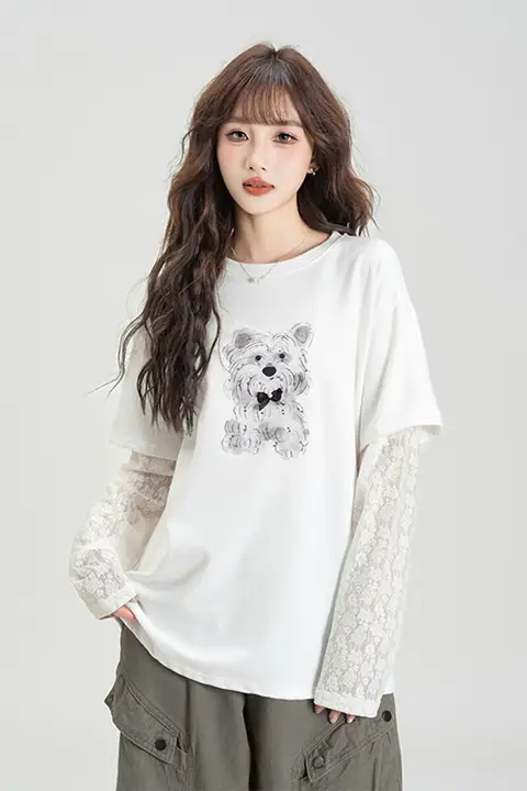 レディースラウンドネック長袖Tシャツ【レースメッシュ切り替え・春秋用】（セットアップ対応）